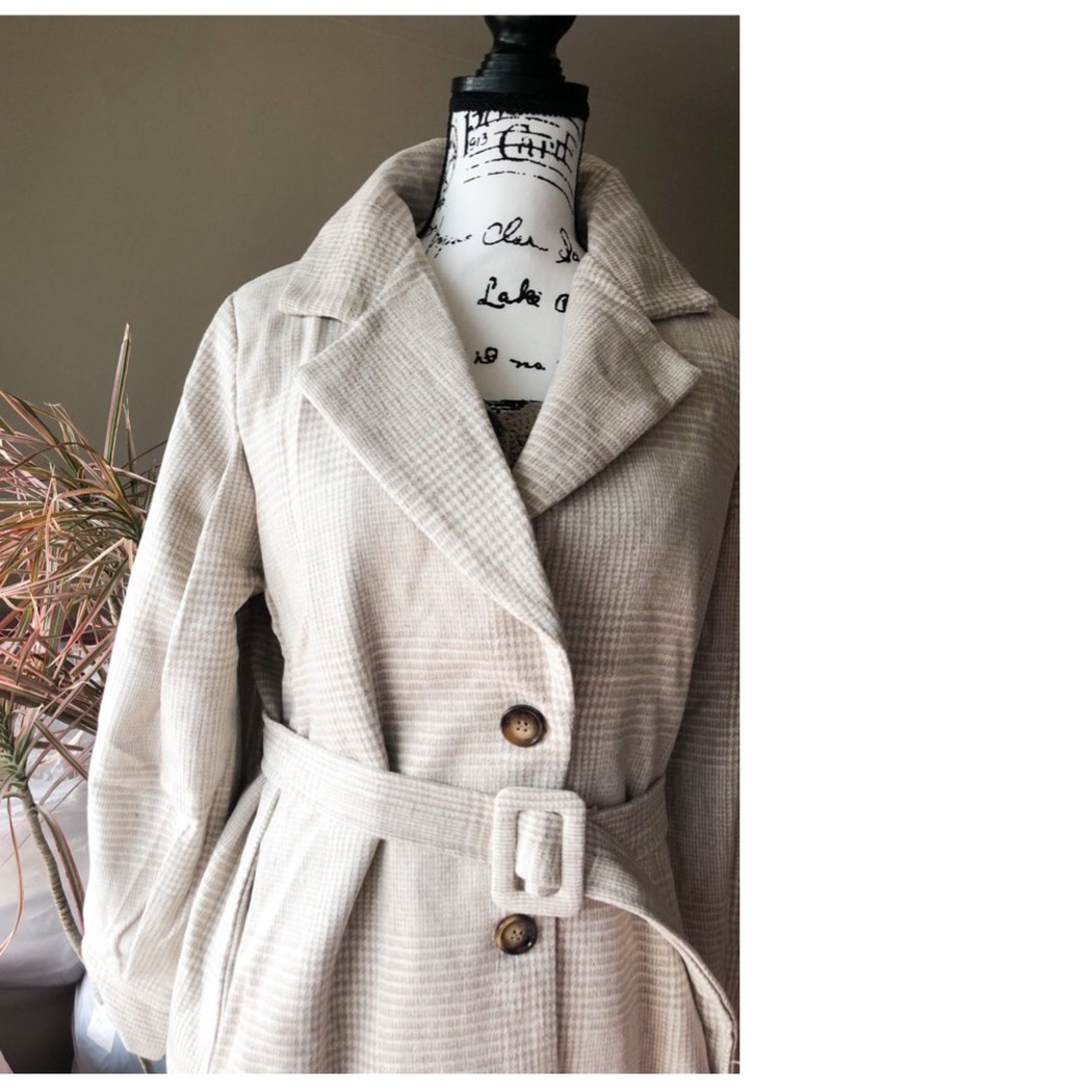 Coat long plaid vintage lantern puff sleeve runway womens soft khaki belt - Picture 8 of 10